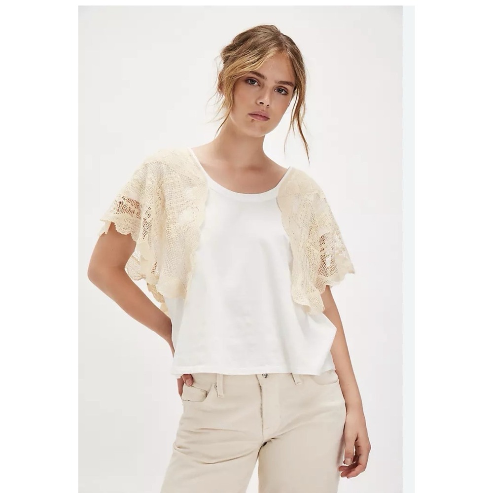 Free People Evangeline Tee Women's Size Large Clean Ivory Lace Crochet Top $108